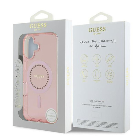 Pouzdro Guess IML Rhinestones MagSafe - iPhone 16 Plus (růžové)