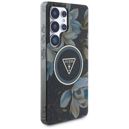 Guess Glitter Flowers Triangle Buttons MagSafe - Case for Samsung Galaxy S25 Ultra (black)