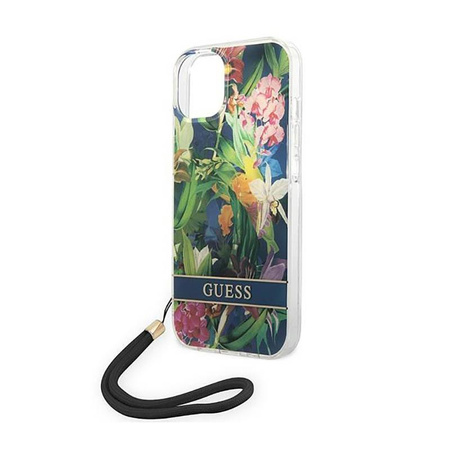 Guess Flower Cord - pouzdro se šňůrkou na iPhone 14 Plus (modré)