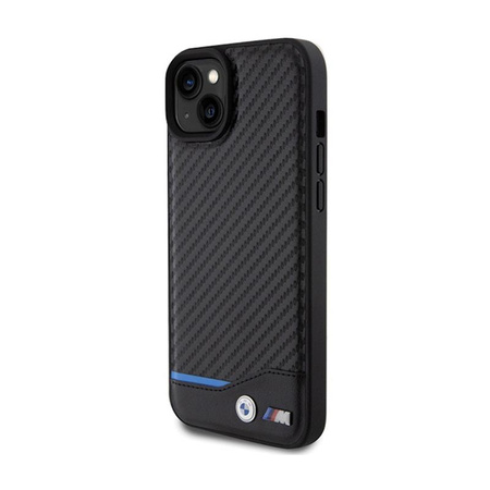 BMW Leather Carbon Blue Line - pouzdro pro iPhone 15 Plus (černé)