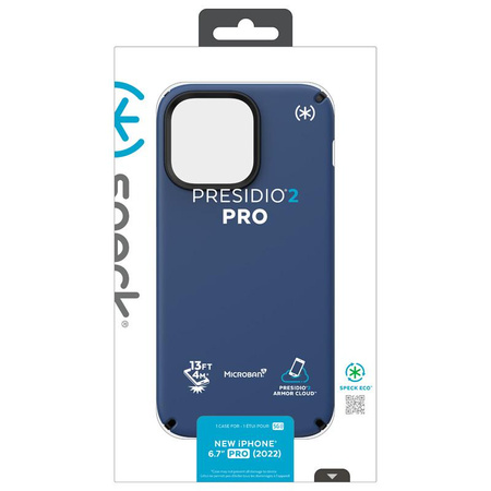 Speck Presidio2 Pro - Antibakterielles Gehäuse für iPhone 14 Pro Max (Küstenblau / Schwarz / Weiß)