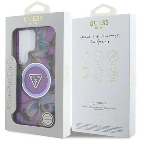 Guess Glitter Flowers Triangle Buttons MagSafe - Hülle für Samsung Galaxy S25 Ultra (lila)