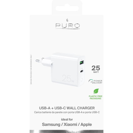 PURO Mini Fast Travel Charger - USB-A + USB-C Power Delivery 25W Fast Travel Charger (white)