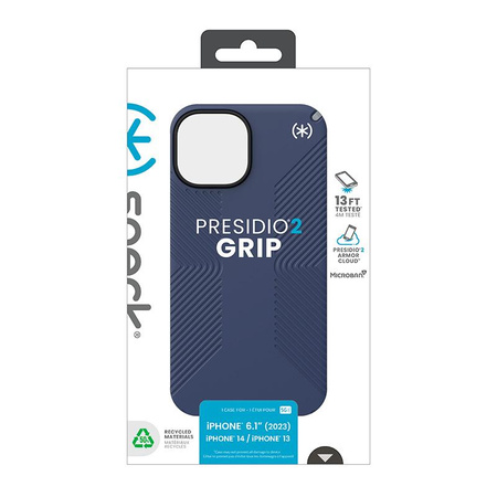 Speck Presidio2 Grip - Coque iPhone 16e / iPhone 15 / iPhone 14 / iPhone 13 (Bleu côtier / Gris poussière / Blanc)