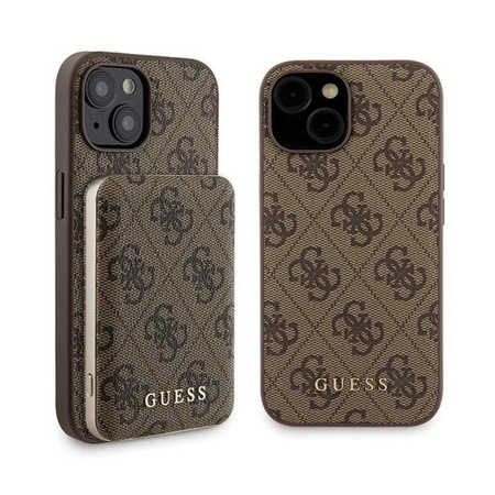 Guess Bundle Pack MagSafe 4G Metall Gold Logo - Etui Set + Power Bank 5000mAh MagSafe iPhone 15 (braun)