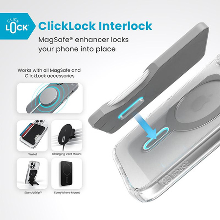 Speck Presidio Perfect-Clear ClickLock & MagSafe - iPhone 16 Fall (Klar / Chrom-Finish / Serene Silber)