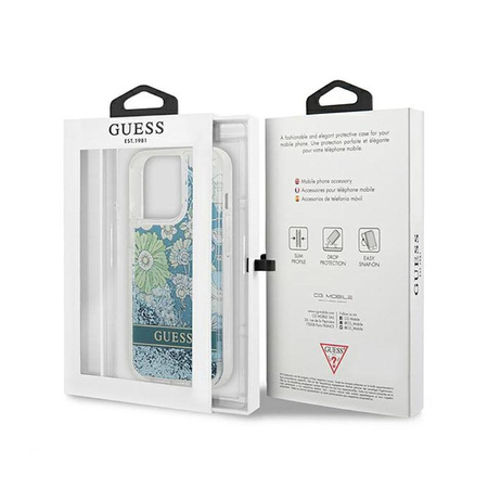 Guess Liquid Glitter Flower - Schutzhülle für iPhone 13 Pro Max (Blau/grün)