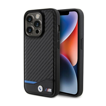 BMW Leather Carbon Blue Line MagSafe - iPhone 15 Pro Case (black)