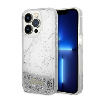 Guess Liquid Glitter Marble - Coque iPhone 14 Pro (Blanc)