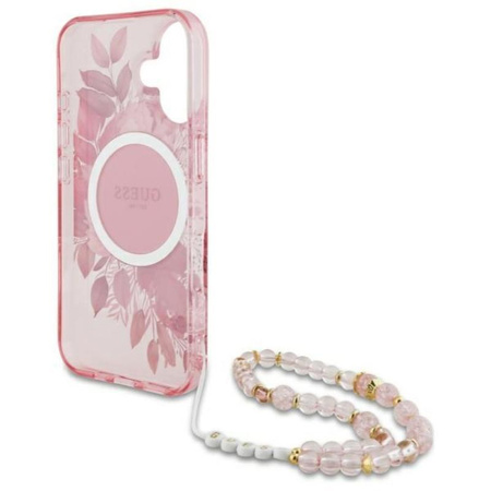 Guess IML Blumen mit Perlenband MagSafe - iPhone 16 Plus Tasche (rosa)