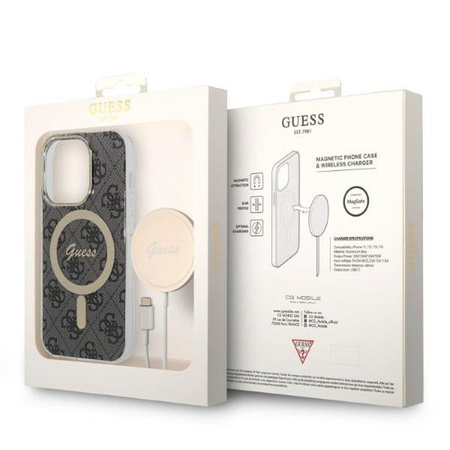 Guess Bundle Pack MagSafe 4G - pouzdro MagSafe pro iPhone 14 Pro Max + sada nabíječky (černá/zlatá)