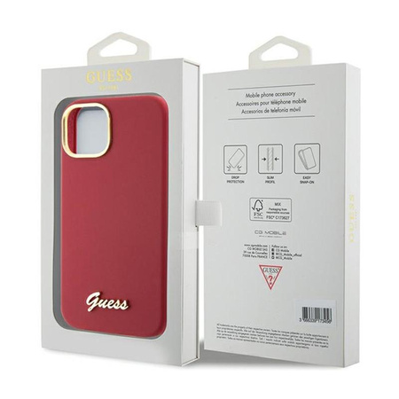 Guess szilikon script fém logó és keret - iPhone 15 tok (magenta)