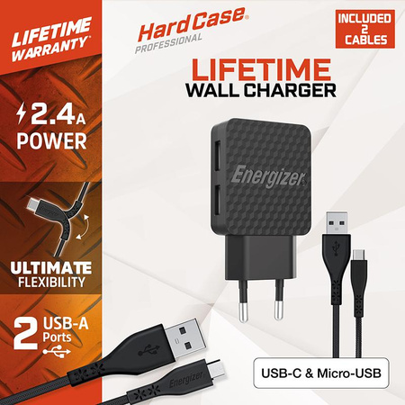 Energizer HardCase - Kompakt hálózati töltő 2x USB-A + USB-C és Micro USB kábel (fekete) élettartam garancia