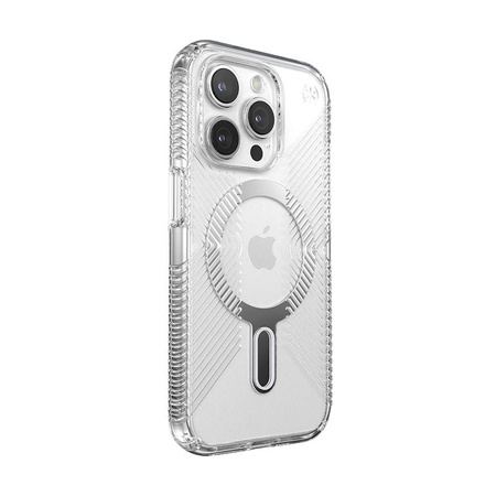 Speck Presidio Perfect-Clear Grip ClickLock & Magsafe - iPhone 15 Pro Fall (Clear / Chrom-Finish / Serene Silber)