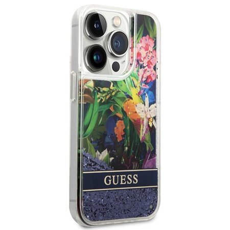 Guess Liquid Glitter Flower - pouzdro pro iPhone 14 Pro Max (modré)