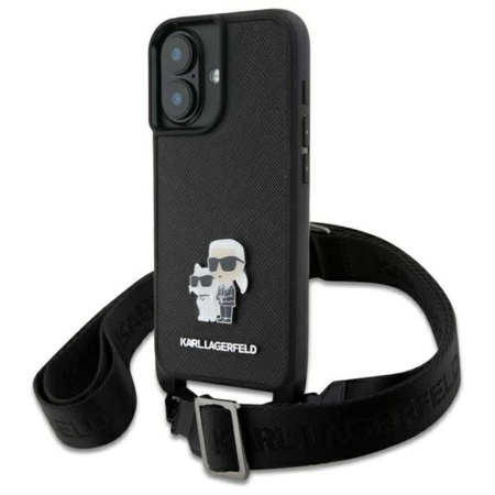 Karl Lagerfeld Saffiano Karl & Choupette Metall Pin CBDY Armband - iPhone 16 Tasche (schwarz)