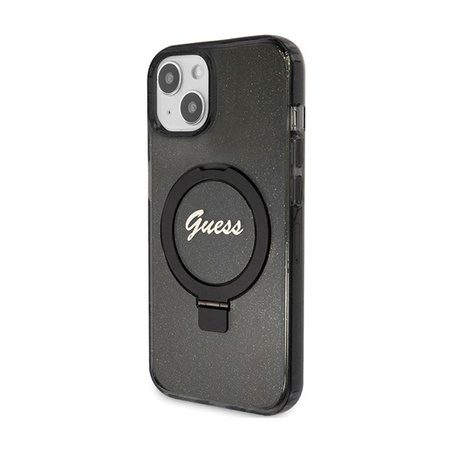 Guess Ring Stand Script Glitter MagSafe - pouzdro pro iPhone 15 Plus (černé)