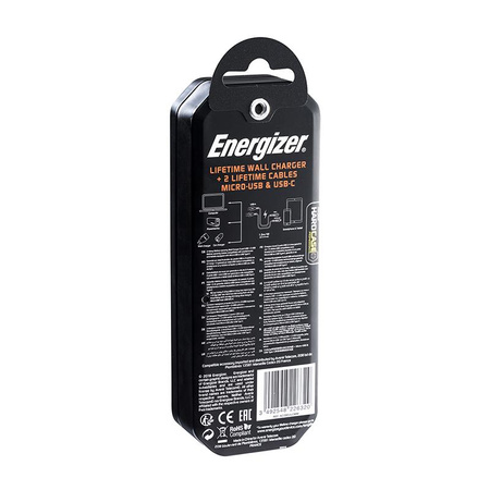 Energizer HardCase - Kompakt hálózati töltő 2x USB-A + USB-C és Micro USB kábel (fekete) élettartam garancia