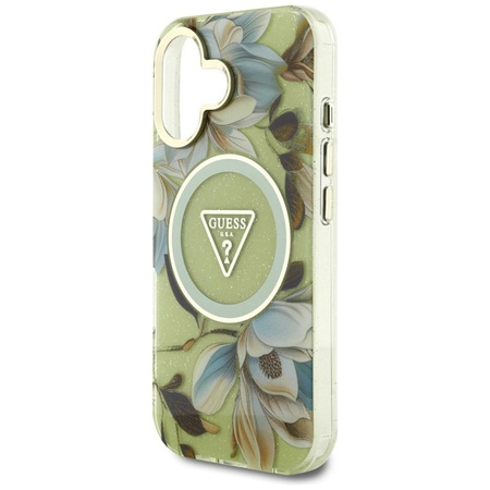 Guess Glitter Flowers Triangle Buttons MagSafe - Case for iPhone 16 green
