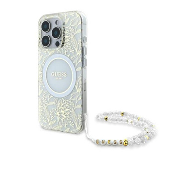 Guess IML Blumen Allover Elektro mit Perle Riemen MagSafe - iPhone 16 Pro Max Fall (weiß)