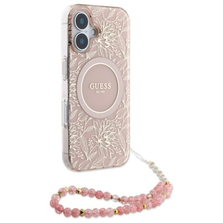 Guess IML Flowers Allover Electro With Pearl Strap MagSafe - Pouzdro pro iPhone 16 (Růžové)
