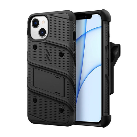 ZIZO BOLT sorozat - Páncélozott iPhone 13 tok 9H üveggel a képernyőhöz + tartó állvánnyal (fekete)