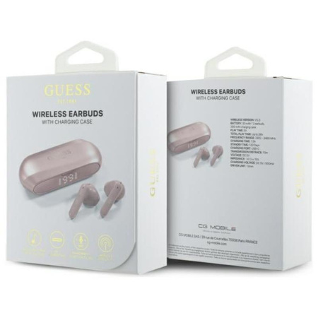 Guess hosszúkás, fémes, nyomtatott logóval - TWS Bluetooth fejhallgató + töltőtáska (rózsaszín)