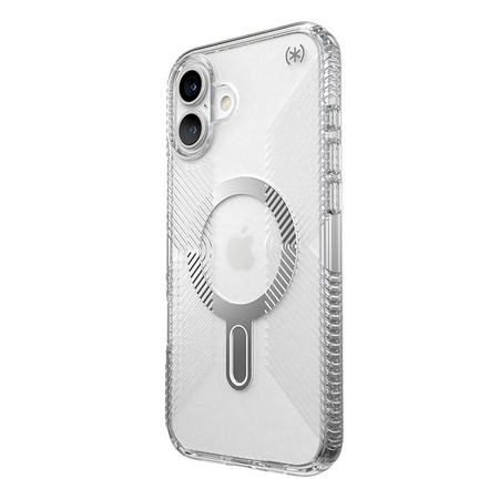 Speck Presidio Perfect-Clear Grip ClickLock & MagSafe - Coque pour iPhone 16 Plus (Transparente / Finition Chrome / Argent Serein)