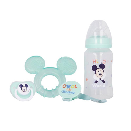 Mickey Mouse - Ensemble pour bébé (biberon avec tétine 240ml, tétine anatomique, sucette, porte-tétine) (Cool)