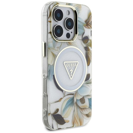 Guess Glitter Flowers Triangle Buttons MagSafe - Tasche für iPhone 16 Pro Max (weiß)