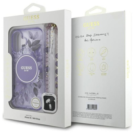 Guess IML Flowers With Pearl Strap MagSafe - Case for iPhone 16 (Purple)