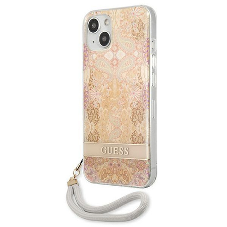 Guess Flower Cord - Etui avec dragonne iPhone 13 (Or)