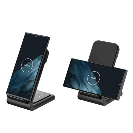 Crong PowerSpot Pivot Stand - bezdrátová nabíječka 3 v 1 pro iPhone, Samsung a Android, Galaxy Watch a sluchátka TWS (černá)