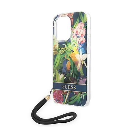 Guess Flower Cord - Etui avec dragonne iPhone 14 Pro (bleu)