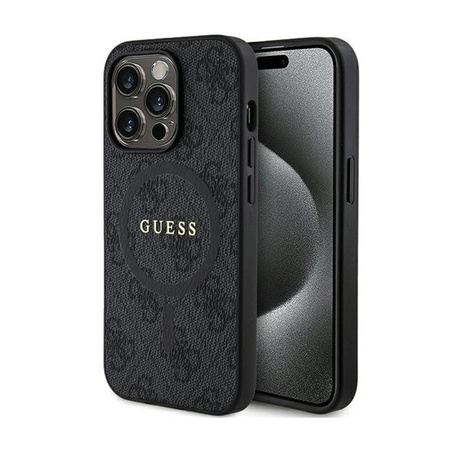 Guess 4G Collection Cuir Logo Métal MagSafe - Étui pour iPhone 13 Pro (noir)