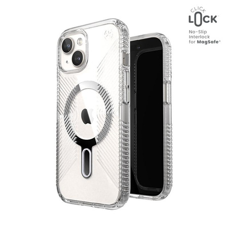 Speck Presidio Perfect-Clear Grip ClickLock & Magsafe - iPhone 15 Fall (Clear / Chrom-Finish / Serene Silber)