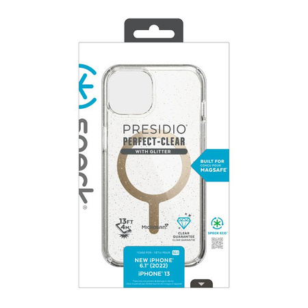 Speck Presidio Perfect-Clear mit Glitter + MagSafe - iPhone 14 / iPhone 13 Hülle mit MICROBAN Beschichtung (Klar / Gold Glitter)