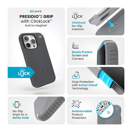 Speck Presidio2 Grip ClickLock & MagSafe - Pouzdro iPhone 16 Pro (Charcoal Grey / Cool Bronze / White)