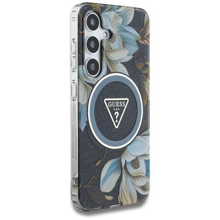 Guess Glitter Flowers Triangle Buttons MagSafe - Tasche für Samsung Galaxy S25 (schwarz)