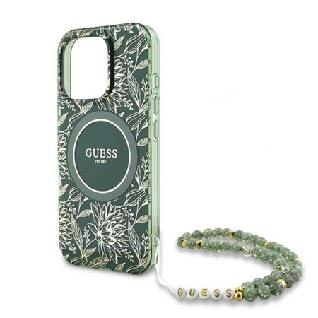 Guess IML Flowers Allover Electro avec sangle perlée Etui MagSafe pour iPhone 16 Pro (vert)