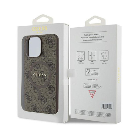 Guess 4G Collection Cuir Logo Métal MagSafe - Étui pour iPhone 15 Pro (marron)