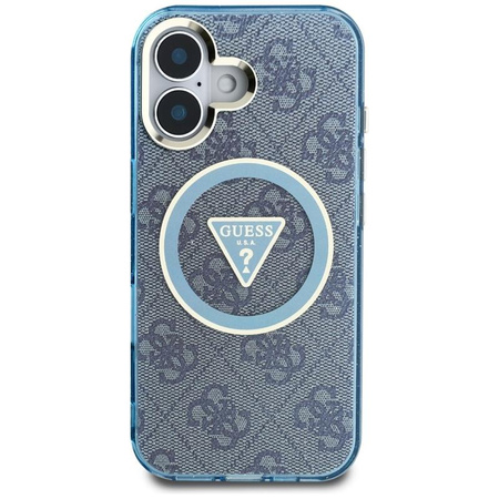 Guess IML Metal Glitter 4G Circle Triangle MagSafe - Coque pour iPhone 16 (bleu)