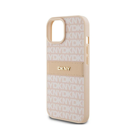 Kožené pouzdro DKNY Mono Stripe & Metal Logo - iPhone 15 Plus / 14 Plus (růžové)