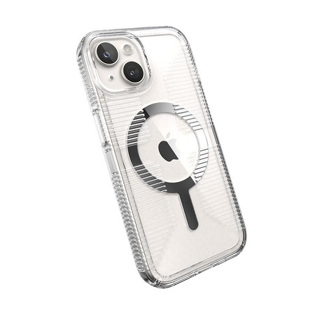 Speck Gemshell Grip + MagSafe - Coque pour iPhone 15 (Transparent / Finition chromée)