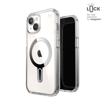 Speck Presidio Perfect-Clear ClickLock & MagSafe - pouzdro pro iPhone 16e / iPhone 15 / iPhone 14 / iPhone 13 (čiré / chromované provedení / stříbrná barva)