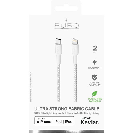 PURO Fabric Ultra Strong - Kabel w oplocie heavy duty USB-C / Lightning MFi 2m (biały)