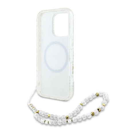 Guess IML Flowers Allover Electro With Pearl Strap MagSafe - pouzdro pro iPhone 16 Pro (bílé)