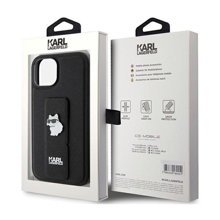 Karl Lagerfeld Gripstand Saffiano Choupette Pins - pouzdro na iPhone 15 (černé)