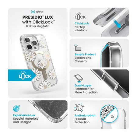 Speck Presidio Lux ClickLock & MagSafe - Case for iPhone 16 Pro (Sunshine Daisies / Clear / Gold)