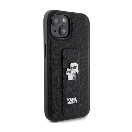 Karl Lagerfeld Gripstand Saffiano Karl & Choupette Pins - iPhone 15 Case (Black)